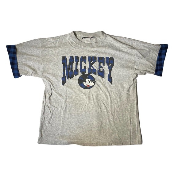 Mickey Mouse Disney‎ Vintage 90s Plaid Sleeve Shirt - Picture 1 of 6